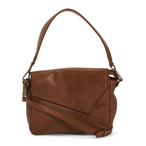 VILENCA Cognac Leather Asymmetrical Flap Shoulder Bag - Picture 1 of 2